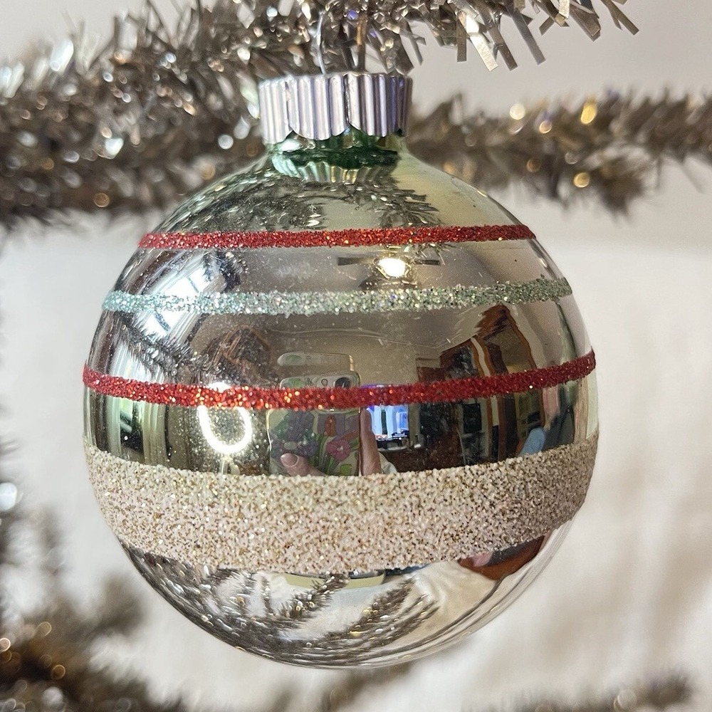 Radko Shiny Brite Glitter Striped Ornament Ball‎ Red Light Green White Matte Mcm